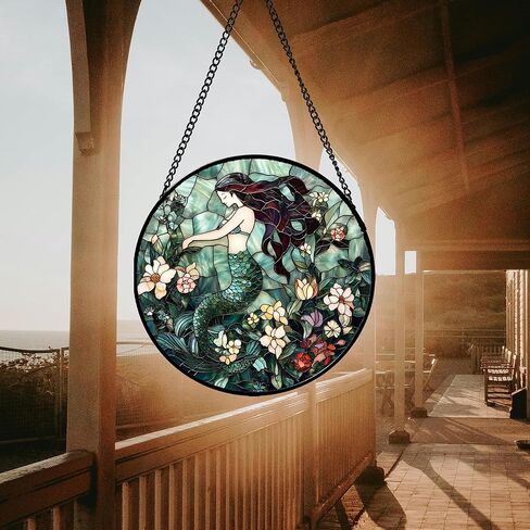 نافذة زجاجية ملونة معلقة - حورية البحر النائمة Suncatcher لباب الشرفة والحديقة ديكور المنزل، بحر من الزهور هدايا عيد ميلاد لعشاق النساء والرجال والأب والأم نانا 7.8 بوصة in Kuwait