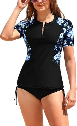 SHEKINI Women's Short Sleeve Rash Guard Zip Neck Paisley Swimsuit with Pockets Bathing Suit Top in Saudi Arabia