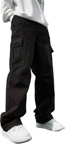 Boys Casual Cargo Pants Workout Baggy Wide Leg Trousers Bottom with Pockets Workwear Jogger Sweatpants for 8-12Y in Kuwait