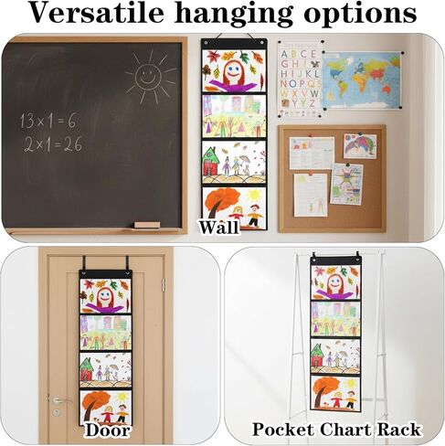 4 Pcs Storage Pocket Chart for Classroom 37.4 x 12.2 in 37.4 x 12.2 inches 4 Pockets Hanging Wall File Organizer for Cards, Drawing, Pictures, Homework, Teacher Office Activities, Black in Saudi Arabia