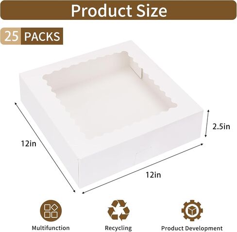 12 قطعة من علب الكيك من موريتو بمقاسين، 10 × 10 × 8 12 × 12 × 8 بوصة، صناديق مخبز بيضاء مع نافذة طويلة، صناديق من الورق المقوى للحلوى للكعك والكب كيك والفطائر والكعك والبسكويت in Kuwait