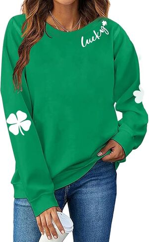 سويت شيرت عيد القديس باتريك للسيدات بأكمام طويلة قميص أيرلندي Lucky Shamrock بأكمام طويلة وطباعة البرسيم الأيرلندي in Kuwait