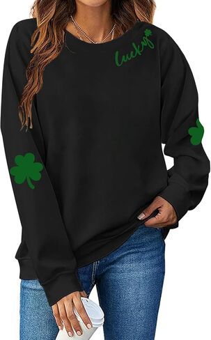 سويت شيرت عيد القديس باتريك للسيدات بأكمام طويلة قميص أيرلندي Lucky Shamrock بأكمام طويلة وطباعة البرسيم الأيرلندي in Kuwait