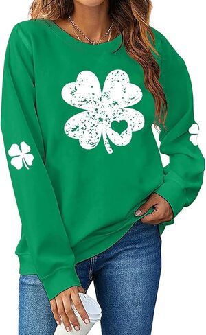 سويت شيرت عيد القديس باتريك للسيدات بأكمام طويلة قميص أيرلندي Lucky Shamrock بأكمام طويلة وطباعة البرسيم الأيرلندي in Kuwait