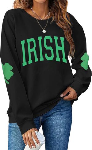 سويت شيرت عيد القديس باتريك للسيدات بأكمام طويلة قميص أيرلندي Lucky Shamrock بأكمام طويلة وطباعة البرسيم الأيرلندي in Kuwait