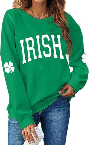 سويت شيرت عيد القديس باتريك للسيدات بأكمام طويلة قميص أيرلندي Lucky Shamrock بأكمام طويلة وطباعة البرسيم الأيرلندي in Kuwait