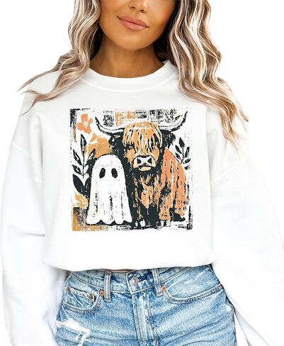 Olive Loves Apple Trendy Fall Highland Cow & Little Ghost Sweatshirt for Women, Kids and Teens in Saudi Arabia