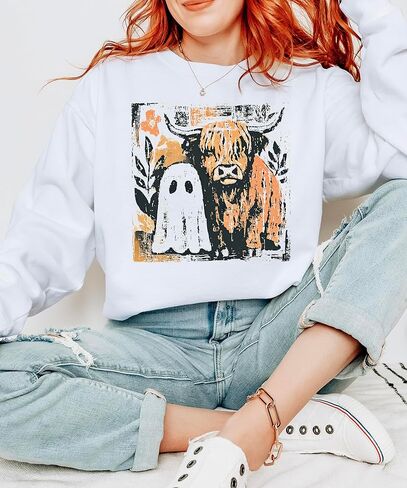 Olive Loves Apple Trendy Fall Highland Cow & Little Ghost Sweatshirt for Women, Kids and Teens in Saudi Arabia