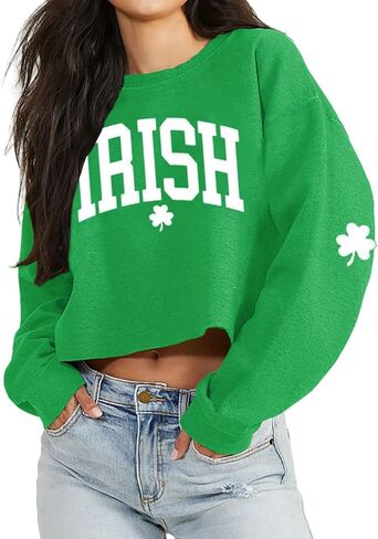 St Patrick's Day Crop Tops for Women Irish Shamrock Graphic Shirt Funny Lucky Clover Long Sleeve T-Shirt Tops in Saudi Arabia