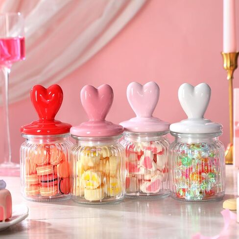 Qinyoung 4 Pcs 16 oz Valentine's Day Glass Candy Jars Clear Valentines Containers with Ceramic Heart Lid Cute Decorative Storage Jars for Cookie Chocolate Nut(Pink,Red,Rose,White,Classic Heart) in Saudi Arabia