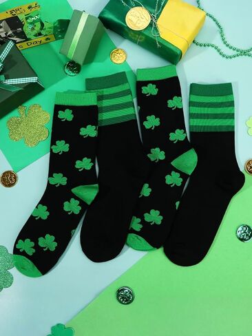 St. Patrick's Day Socks,Cotton Green and Black Stripe Shamrock Socks St. Patrick Accessories Gift for Celebrations Parties Everyday Wear Irish themed Party Favors in Saudi Arabia