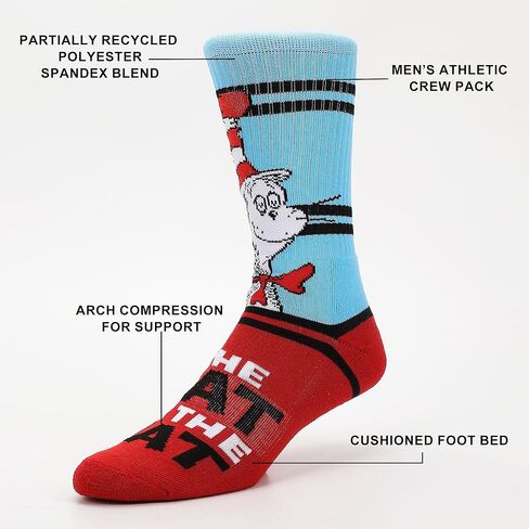 Bioworld Dr. Seuss The Cat In The Hat Character Logos Men’s 3-Pair Pack Casual Crew Socks in Saudi Arabia