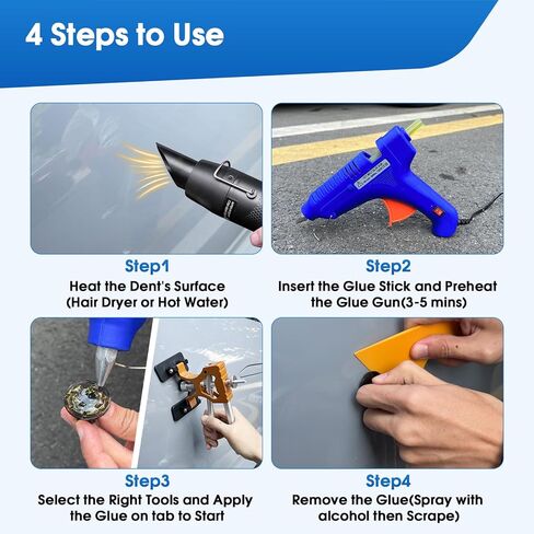 أداة سحب انبعاجات السيارة، مجموعة أدوات إزالة انبعاجات السيارة بدون جهد مع أعواد غراء لاصقة قوية ومسدس غراء ساخن 100 وات، إزالة الحواف وإسفين الهواء، إصلاح الانبعاجات بدون طلاء لضربات أبواب السيارات أو البرد أو غطاء المحرك in Kuwait