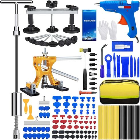 طقم أدوات سحب انبعاجات السيارة مكون من 134 قطعة، مجموعة أدوات إزالة انبعاجات السيارة بدون طلاء مع مطرقة منزلقة 3 في 1 على شكل حرف T وساحب جسر ورافع ذهبي، طقم إصلاح دنت السيارة لإصلاح الانبعاجات الكبيرة والصغيرة بسرعة in Kuwait