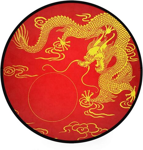 سجادة منطقة دائرية صينية باللون الأحمر الذهبي من ALAZA Dragon، سجادة دائرية مريحة ماصة وغير قابلة للانزلاق، سجادة أرضية قابلة للغسل، سجادة يوجا للمدخل وغرفة المعيشة وغرفة النوم والأريكة وديكور المنزل in Kuwait