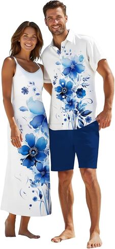 DRESSFO Couple Matching Hawaiian Outfits Watercolor Leaf Floral Print A Line Dress or Men's Short Sleeve Button Up Shirt in Saudi Arabia