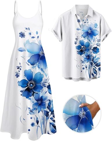 DRESSFO Couple Matching Hawaiian Outfits Watercolor Leaf Floral Print A Line Dress or Men's Short Sleeve Button Up Shirt in Saudi Arabia