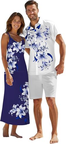 DRESSFO Couple Matching Hawaiian Outfits Watercolor Leaf Floral Print A Line Dress or Men's Short Sleeve Button Up Shirt in Saudi Arabia