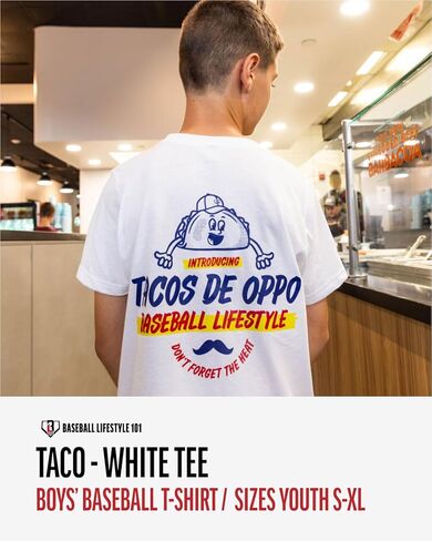 Baseball Lifestyle 101 Taco Youth Tee for Boys - White, Soft 60/40 Blend, Breathable, Side-Seamed, Sizes Youth S-XL in Kuwait