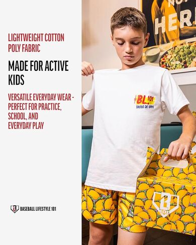 Baseball Lifestyle 101 Taco Youth Tee for Boys - White, Soft 60/40 Blend, Breathable, Side-Seamed, Sizes Youth S-XL in Kuwait