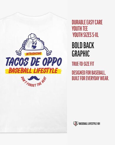 Baseball Lifestyle 101 Taco Youth Tee for Boys - White, Soft 60/40 Blend, Breathable, Side-Seamed, Sizes Youth S-XL in Kuwait