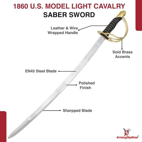 نسخة قصيرة من سيف الفرسان الأمريكي M1860 من Armory Replicas™، شفرة فولاذية مصقولة EN45، مقبض نحاسي، نسخة عسكرية in Saudi Arabia