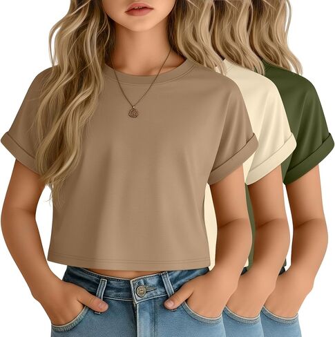 3 Pack Girls Crop Tops Athletic Rolled Cuff Crewneck Shirts Kids Short Sleeve Tee Trendy Casual Cute Teen Clothes in Saudi Arabia