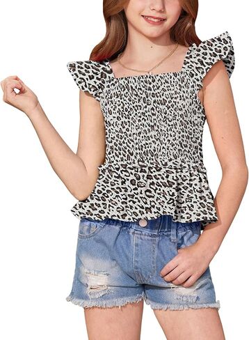 BesserBay Girls Summer Ruffle Cap Sleeve Square Neck Tank Top Peplum Hem Smocked Cute Babydoll Blouse 5-14 Years in Saudi Arabia