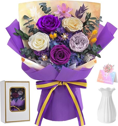 5 Pcs Glitter Red Preserved Roses Flowers Bouquet, Forever Rose Flowers for Delivery, Valentines Day Gifts for Her Women, Long-Lasting Red Roses with Vase Gift Box, Forever Flowers for Wife Mom in Kuwait