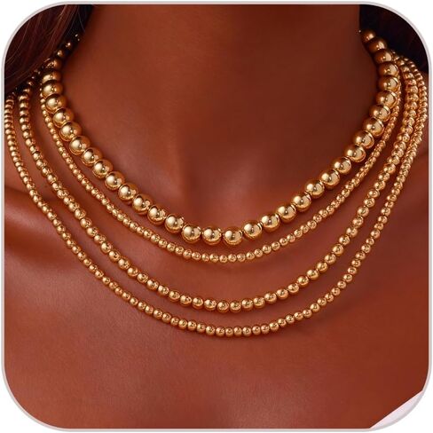 Gold Beaded Necklaces for Women Gold Silver Layered Beaded Necklace Set Punk Hip Hop Chunky Stacking Bead Ball Chain Collar Choker Necklace for Women in Saudi Arabia