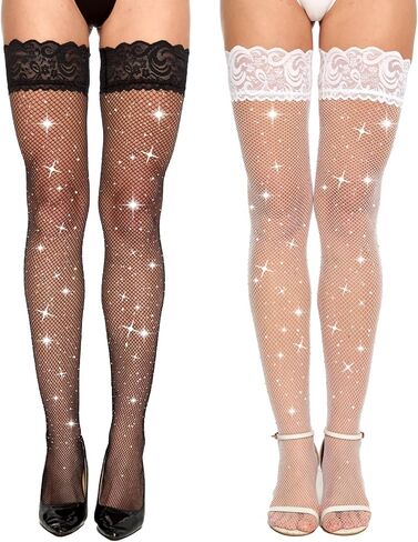 2 Pack Women Sparkly Sexy Thigh High Stocking Rhinestone Fishnets Lace Top Silicone Socks in Saudi Arabia