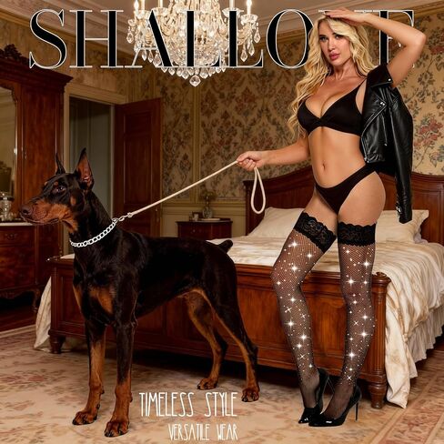 2 Pack Women Sparkly Sexy Thigh High Stocking Rhinestone Fishnets Lace Top Silicone Socks in Saudi Arabia