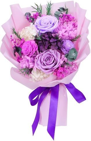 باقة زهور محفوظة، باقة زهور محفوظة طبيعية طويلة الأمد من Vilante مع صندوق هدايا باقة زهور إلى الأبد باقة ورود أرجوانية زهور أبدية لعيد ميلاد عيد الأم in Kuwait