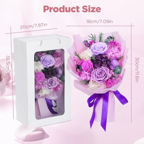 باقة زهور محفوظة، باقة زهور محفوظة طبيعية طويلة الأمد من Vilante مع صندوق هدايا باقة زهور إلى الأبد باقة ورود أرجوانية زهور أبدية لعيد ميلاد عيد الأم in Kuwait