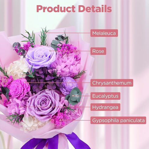 باقة زهور محفوظة، باقة زهور محفوظة طبيعية طويلة الأمد من Vilante مع صندوق هدايا باقة زهور إلى الأبد باقة ورود أرجوانية زهور أبدية لعيد ميلاد عيد الأم in Kuwait