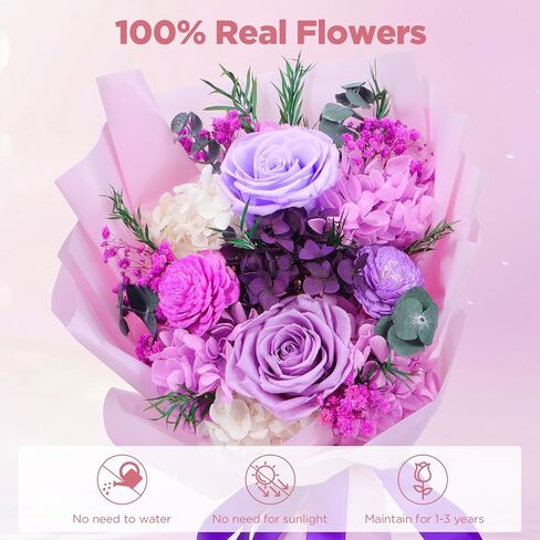 باقة زهور محفوظة، باقة زهور محفوظة طبيعية طويلة الأمد من Vilante مع صندوق هدايا باقة زهور إلى الأبد باقة ورود أرجوانية زهور أبدية لعيد ميلاد عيد الأم in Kuwait
