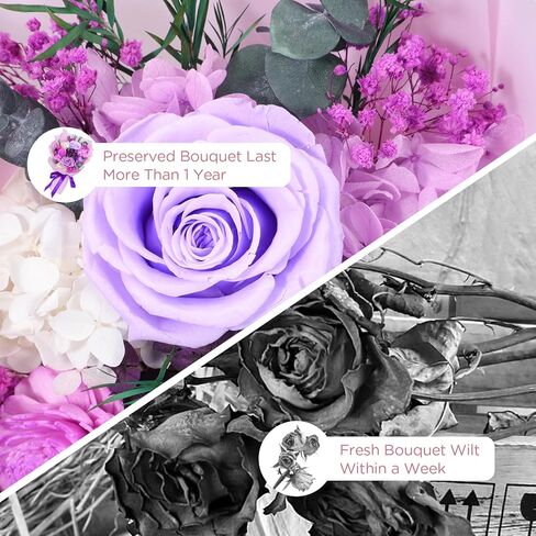 باقة زهور محفوظة، باقة زهور محفوظة طبيعية طويلة الأمد من Vilante مع صندوق هدايا باقة زهور إلى الأبد باقة ورود أرجوانية زهور أبدية لعيد ميلاد عيد الأم in Kuwait