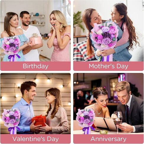 باقة زهور محفوظة، باقة زهور محفوظة طبيعية طويلة الأمد من Vilante مع صندوق هدايا باقة زهور إلى الأبد باقة ورود أرجوانية زهور أبدية لعيد ميلاد عيد الأم in Kuwait