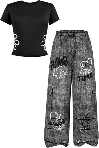 Girl's 2 Piece Summer Outfits Floral Graphic Tees and Wide Leg Pants Set Cute Clothes Streetwear in Saudi Arabia
