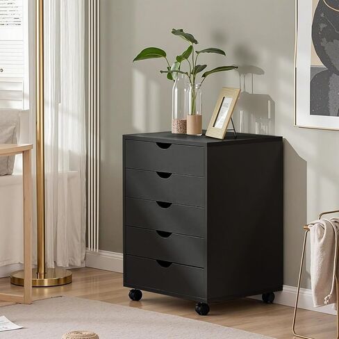 NEWBULIG 5 أدراج خزانة ملفات متنقلة تحت تخزين المكتب مع عجلات، خزائن ملفات مكتبية صغيرة خشبية متدحرجة من الأدراج للمنزل والمكتب باللون الأسود in Kuwait