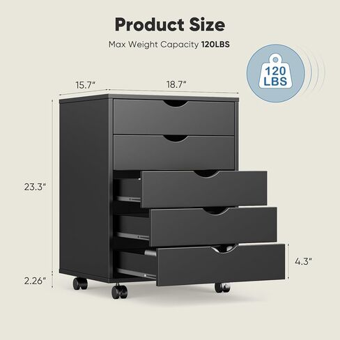 NEWBULIG 5 أدراج خزانة ملفات متنقلة تحت تخزين المكتب مع عجلات، خزائن ملفات مكتبية صغيرة خشبية متدحرجة من الأدراج للمنزل والمكتب باللون الأسود in Kuwait