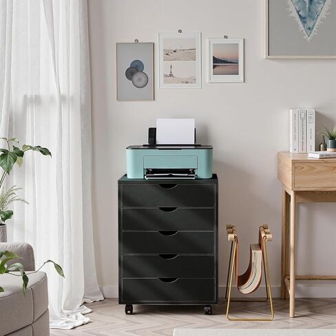 NEWBULIG 5 أدراج خزانة ملفات متنقلة تحت تخزين المكتب مع عجلات، خزائن ملفات مكتبية صغيرة خشبية متدحرجة من الأدراج للمنزل والمكتب باللون الأسود in Kuwait