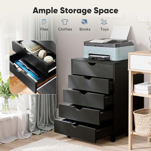 NEWBULIG 5 أدراج خزانة ملفات متنقلة تحت تخزين المكتب مع عجلات، خزائن ملفات مكتبية صغيرة خشبية متدحرجة من الأدراج للمنزل والمكتب باللون الأسود in Kuwait