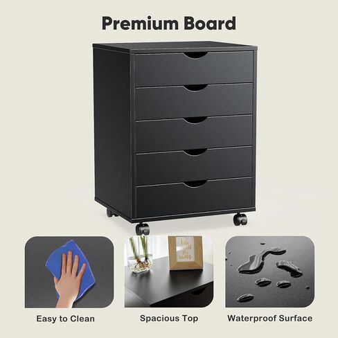 NEWBULIG 5 أدراج خزانة ملفات متنقلة تحت تخزين المكتب مع عجلات، خزائن ملفات مكتبية صغيرة خشبية متدحرجة من الأدراج للمنزل والمكتب باللون الأسود in Kuwait