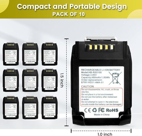 10 Pack for Zebra RS5100 Scanner Battery Replacement: RS51 RS5100 BT-000397 2D Ring Scanner Battery BT-000398 BTRY-RS51-7MA-01 BTRY-RS51-4MA-01 RS61 RS6100 RSBT5 Bluetooth Lithium Batteries 480mAh in Kuwait