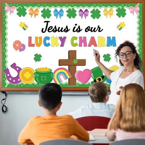 مجموعة لوحة الإعلانات المسيحية لعيد القديس باتريك، شامروك وصليب الله، ديكور الفصول الدراسية الدينية لعيد القديس باتريك، الإيمان، شامروك، معلم مدرسة الأحد، جدار الباب، ديكور أيرلندي in Kuwait