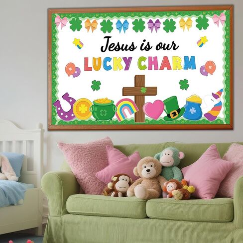 مجموعة لوحة الإعلانات المسيحية لعيد القديس باتريك، شامروك وصليب الله، ديكور الفصول الدراسية الدينية لعيد القديس باتريك، الإيمان، شامروك، معلم مدرسة الأحد، جدار الباب، ديكور أيرلندي in Kuwait