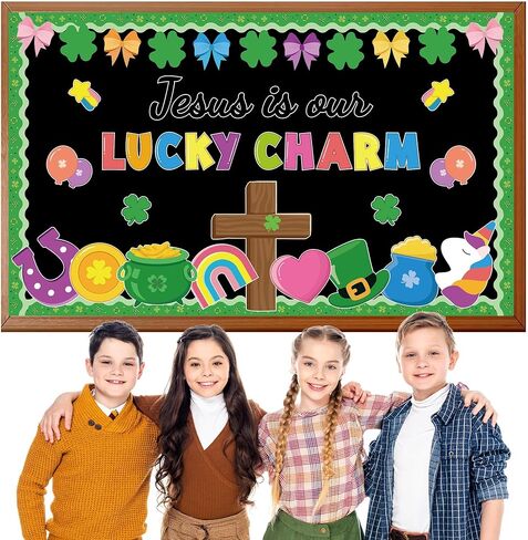 مجموعة لوحة الإعلانات المسيحية لعيد القديس باتريك، شامروك وصليب الله، ديكور الفصول الدراسية الدينية لعيد القديس باتريك، الإيمان، شامروك، معلم مدرسة الأحد، جدار الباب، ديكور أيرلندي in Kuwait