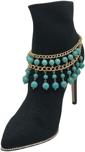 Women Western Fashion Jewelry Boot Chain Bracelet Gold Metal Shoe Charm Turquoise Blue Beads in Saudi Arabia