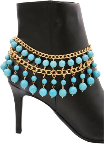 Women Western Fashion Jewelry Boot Chain Bracelet Gold Metal Shoe Charm Turquoise Blue Beads in Saudi Arabia